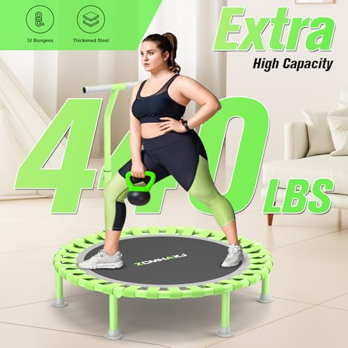 Image of ZCMHAXJ Foldable Mini Trampoline, 40 inch Rebounder Trampoline for Adults & Kids, 450lbs Capacity with T-Shaped Adjustable Bar, Indoor Fitness Workout Exercise Equipment