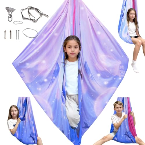 Image of Sensory Swing for Kids & Adults with 360 Swivel Hanger Kit, Double Layer Elastic Therapy Swing Holds up to 300lbs for Autism, ADHD,Aspergers, and SPD (Blue PinkDolphin)