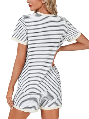 Image of LYANER Pajama Set for Women 2 Piece Lounge Set Striped Crew neck Short Sleeve Tops and Shorts Soft Sleepwear