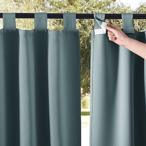 NICETOWN 2 Panels Greyish Blue Porch Curtainss Outdoor Waterproof for Patio, Self-Stick Tab Top Blackout Heat & Cold Block Indoor Outdoor Curtainss & Drapes Privacy for Pergola/Patio, W52 x L84