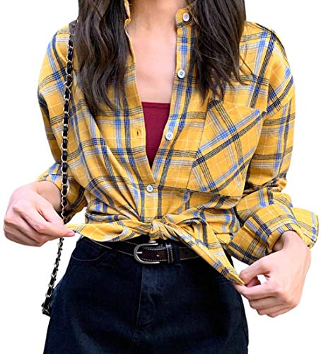 Shuming 長袖 シャツ レディース ギンガム チェック柄 ブラウス ゆったり トップス 薄手 アウター チェックシャツ 黄色 ファッション 上着 おしゃれ ストリート系 Freesizeイエロー Shuming の最安値と通販店 購入可 サープラ