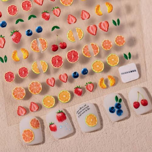 5D Embossed Fruit Nail Art Stickers Summer Fruit Nail Decals 1PCS Orange Lemon Strawberry Blueberry Summer Nails Design Adhesive Sticker Manicure Sliders Accessories for DIY Women Nail Art Decorations