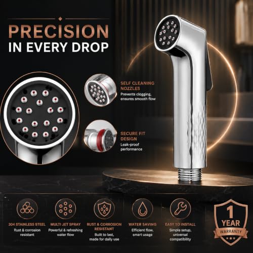 Image of Flux Self-Cleaning Health Faucet for Toilet | Anti-Clog Jet Spray with Red Cleaning Pins | ABS Chrome Finish Bidet Sprayer | Extra Long Body, Anti-Clog nozzles | Gun Only
