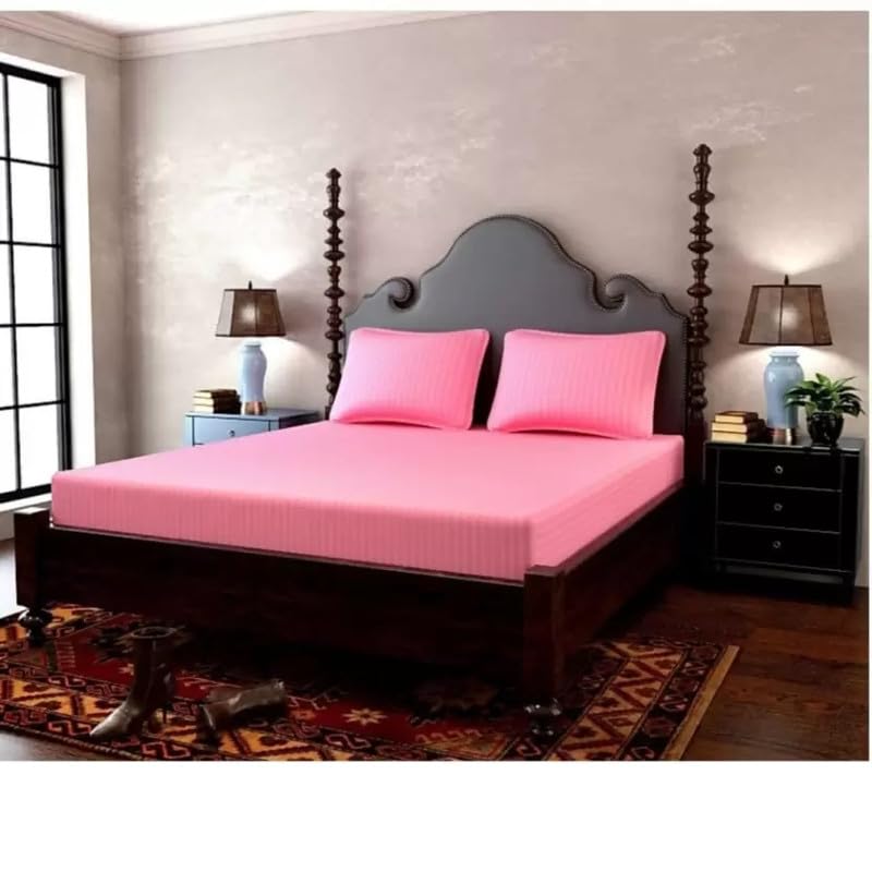 COMFOLUST Cotton Printed King Size Double Bed Elastic Fitted Stripe Bedsheet with 2 Pillow Cover (72x78) Inch Pink (B0CJ92RLKS) Amazon Price History, Amazon Price Tracker