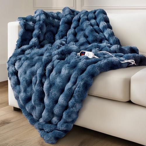 Electric Heated Blanket for Girls & Women Soft & Luxurious Faux Fur Heating Throw Blankets 6 Heat Settings Overheat Protection Quick Heating Memory Function Giftable 50x60 Tie-dye Blue