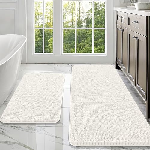 Image of OLANLY Bathroom Rugs Sets 2 Piece, Soft Absorbent Chenille Bath Mats Area Rug Set, Non-Slip, Quick Dry, Machine Washable Bath Mats for Bathroom, Home Decor Accessories (47 inchx20 inch+30 inchx20 inch, Ivory)