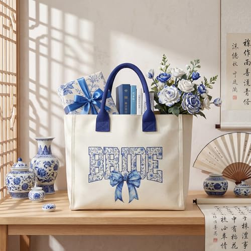 Image of Huhumy Bride Tote Bag Gifts Wedding Large Bridal Shower Pearl Rhinestone Tote Reusable Grocery Bags for Beach Bachelorette