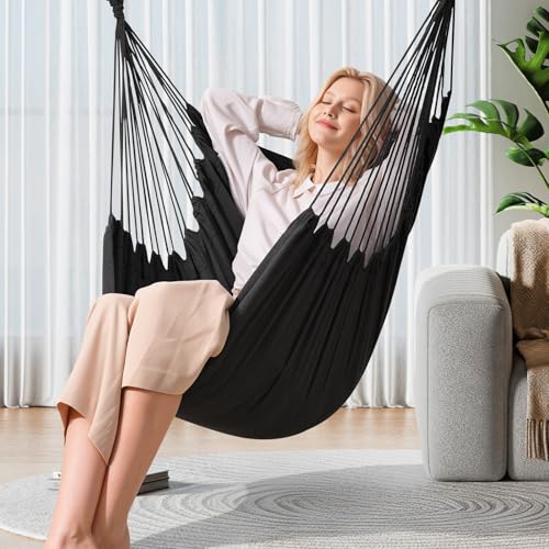 Image of Y- STOP Hammock Chair Hanging Rope Swing Chair, Max 500 Lbs, 2 Seat Cushions Included, Removable Steel Spreader Bar with Anti-Slip Rings, Hardware kit-for Indoor Outdoor(Dark Grey)