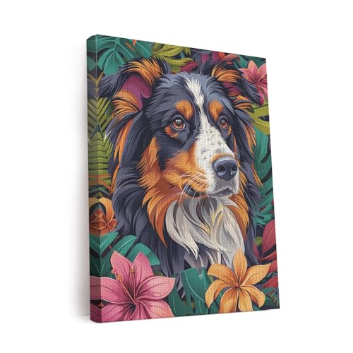 Elivita Australian Shepherd Jungle Boho Art Design 1 Vertical Canvas Wall Art Prints Pictures Gifts Artwork Framed For Kitchen Living Room Bathroom Wall Home Decor Ready to Hang