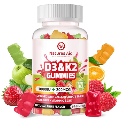 Sugar-Free Vitamin D3 K2 Gummies with Calcium + K2 (MK-7), Magnes...