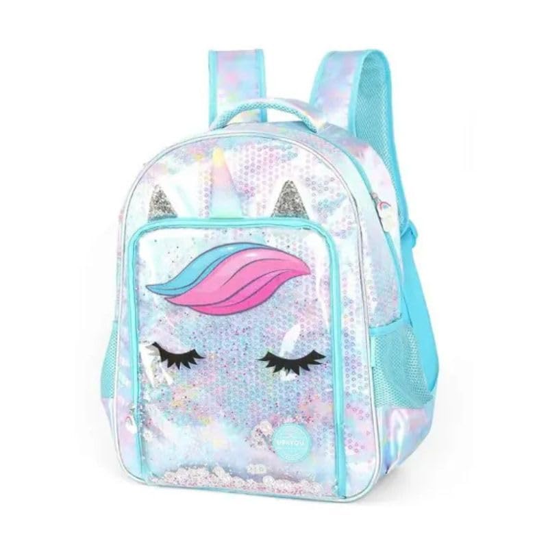 Mochila Unicórnio Lantejola Azul de Costas Luxcel Up4You