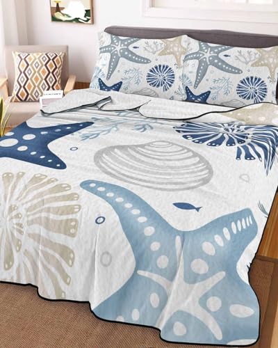 3-Piece Summer Quilt Full Size, Blue Starfish Coastal Lightweight Cooling Bedding Comforter Blanket with 2 Pillow Shams, Summer Beach Nautical Coral Sea Bedspreads Quilted Coverlet Sets 78