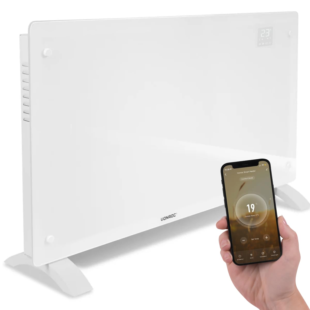 VONROC Convector eléctrico Smart 2500 W – Panel de cristal con pantalla LED – Control WiFi mediante App Tuya Smart Life – Termostato 5-50 °C – Temporizador – IP24 – Pared o suelo blanco