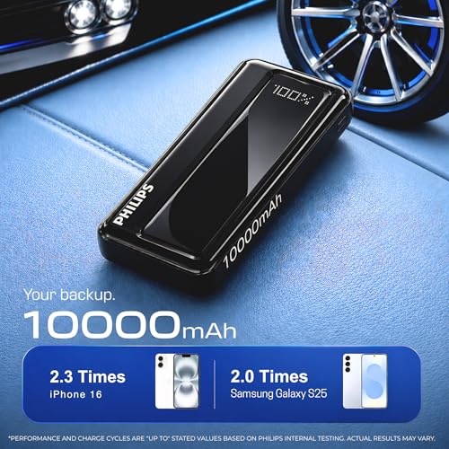 Image of Philips 10000mAh 22.5W Fast Charging Power Bank (Slate Black) with Digital LED Display | Type-C & USB-A Input /Output | 3 Output Ports | Lithium Polymer Battery | Portable for Mobile, Tablet & Earbuds