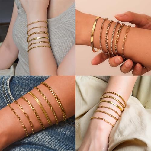 Gold Bracelet Stack for Women Non-Tarnish, 18K Gold Plated Stainless Steel Bracelets Set, Layered Cuban, Rope, Figaro, Herringbone, Satellite, Paperclip Chains, Dainty Jewelry Gifts, 6.5"+2"3