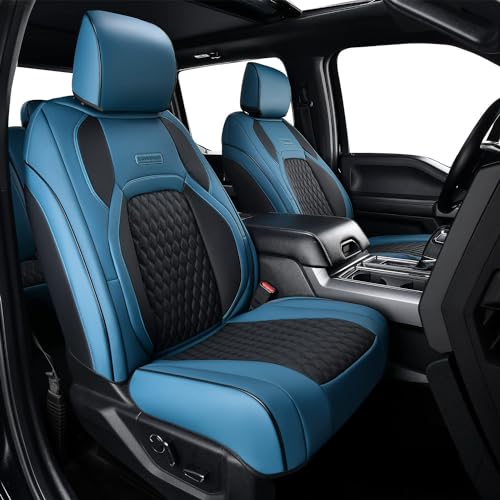 Coverado Waterproof Faux Leather Seat Covers Full Set for Ford F150 2015-2025 SuperCrew & F250 F350 F450 2017-2025 Crew Cab, Compatible with XL XLT Lariat King Ranch, Blue Interior Truck Accessories