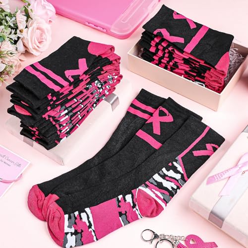 Image of Haysandy 24 Pairs Breast Cancer Awareness Socks Bulk Pink Ribbon Socks Women Football Volleyball Softball Cheer Pink Out Game