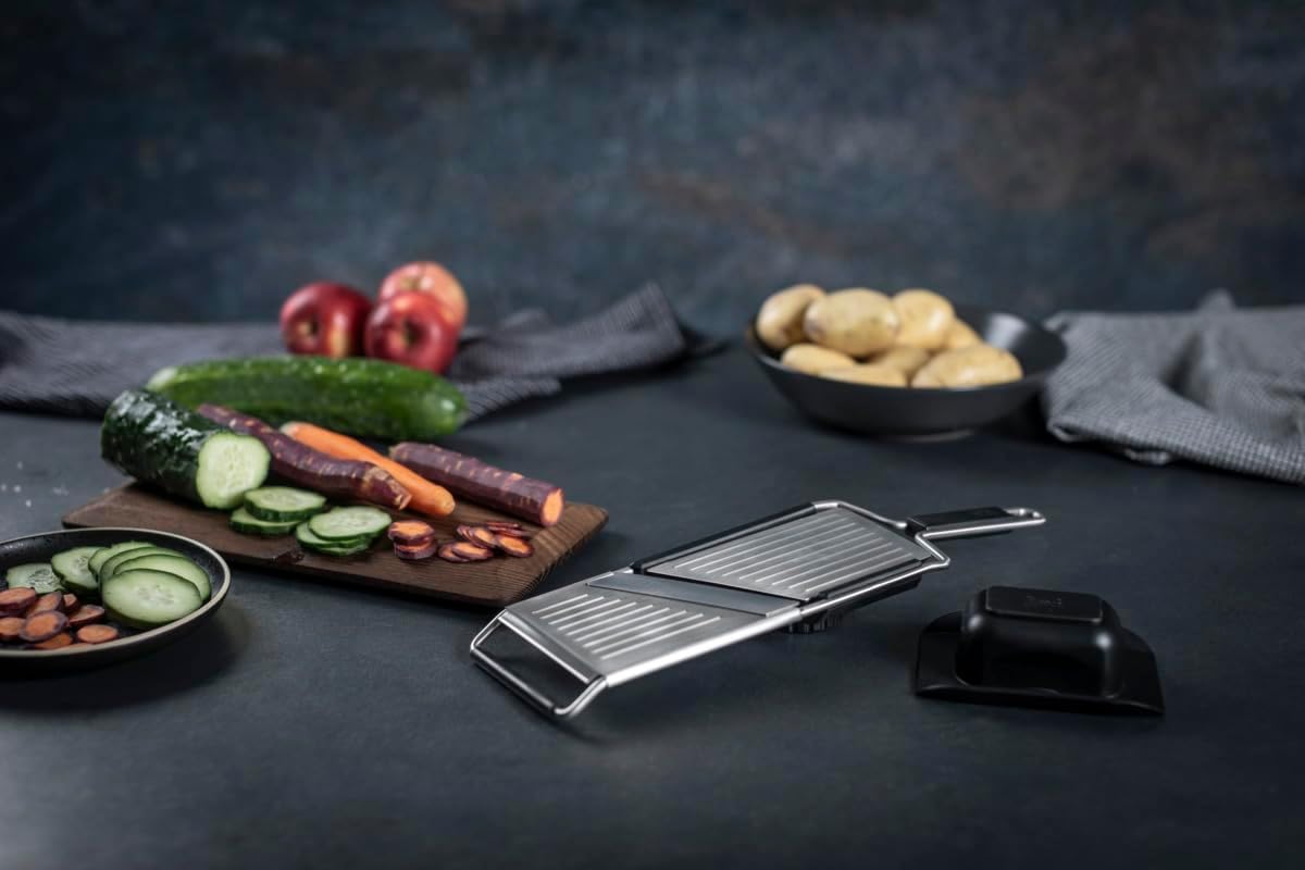 Kuhn Rikon Essential Mandoline Slicer – Adjustable Stainless Steel Blade for Vegetables & Fruit – Non-Slip Base, Safety Hand Guard Included