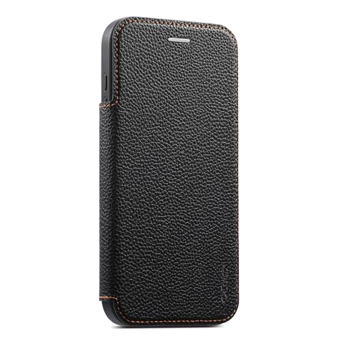 Image of Cubix Flip Cover for iPhone 15 | Pebble-Grain Texture | N52 High-Strength Magnet | Magnetic Wireless Charging Compatible | 2 Card Slot | Slim Full Cover (Black)