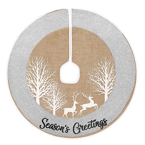 N&T NIETING Jupe d'arbre de Noël 75 cm avec cerf et paillettes argentées et tapis d'arbre de Noël joyeux pour décorations de Noël Cover