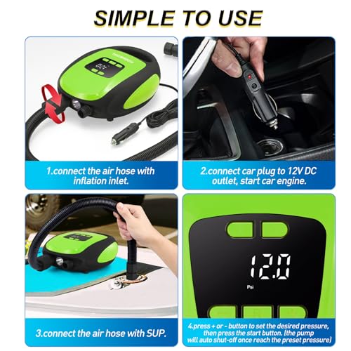 Image of Paddle Board Pump Electric Portable, KOSMEGAL SUP Pump for Paddleboard, Professional 20PSI Air Compressor with Auto-Off, Deflation Function and 12V DC Car Connector for Inflatables, Kayaks and Boats
