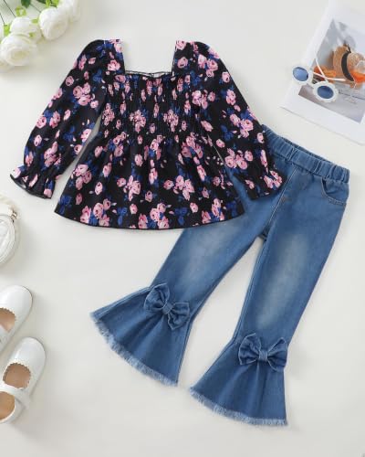 Image of Kucnuzki Toddler Kids Girl Clothes Long Sleeve Shirt Tops Baggy Jeans Cute Pants Set Baby Girl Outfit 2 Piece Clothing