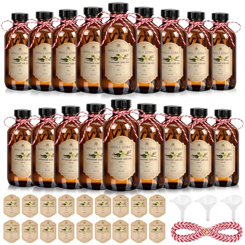 GGOLDMER 18 Pack 8oz Amber Glass Boston Round Bottles, Brown Vanilla Extract Bottles with Phenolic Polycone Caps for Homemade Vanilla, Syrup, Kombucha, Essential Oils, Gift Giving