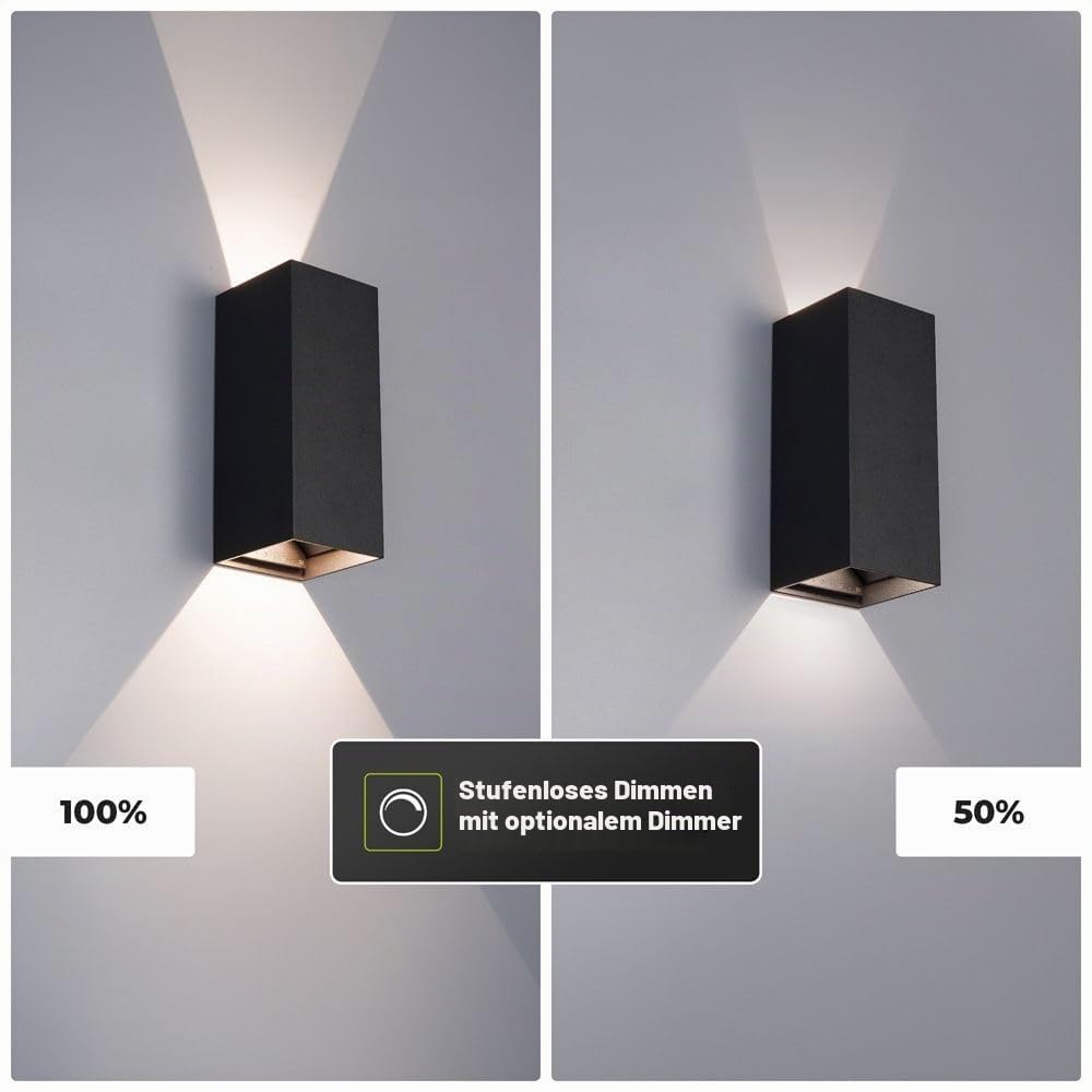HOFTRONIC - Miles S LED Wandleuchte Außen Modern Dimmbar - Außenleuchte Up Down Schwarz (RAL9004) - 10W 820lm - IP65 Wasserdicht - 0-90° Einstellbarer Abstrahlwinkel - 3000K Warmweiß - 170x83x100mm