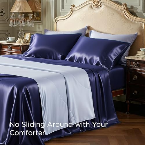 Image of Bedsure Navy Satin Sheets Full Size, Soft Silky Bedsheets for Hair & Skin | Similar to Silk Bed Sheets Set 4 Piece with 15 Inches Deep Pocket Fitted Sheet,1 Flat Sheet, 2 Satin Pillowcases