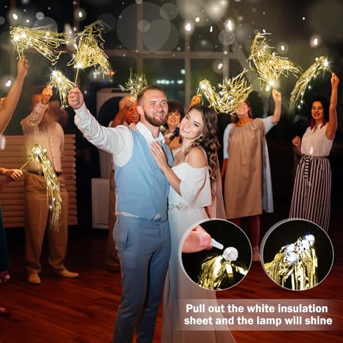 Image of Simgoing 100 Pcs Lighted Wedding Wands LED Tinsel Wands Light up Streamers Sparklers for Wedding Send Off and Exits Birthday Party Props Favors(Gold)