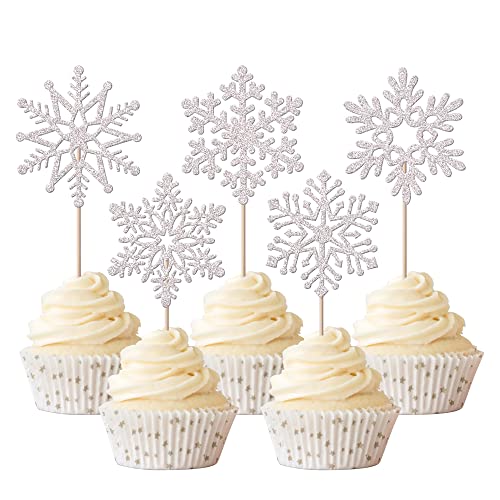 Rsstarxi 30 Pack Snowflake Cupcake Toppers Glitter Winter Frozen Theme Cupcake Picks Baby Shower Cake Decorations for Snowflake Theme Christmas Kids Birthday Party Supplies Silver