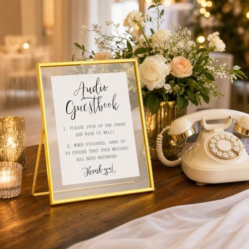 Image of Calculs Audio Guest Book Sign, Gold 8x10 Floating Picture Frame | Double glass metal frame, fits 6x8 insert, audio guest book table, reusable tabletop frame for signs and photos