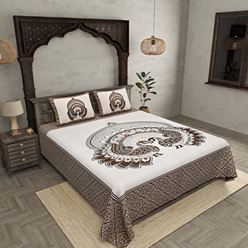 Image of Jaipur Fabric 100% Cotton 180 TC Double Bed Sheet with 2 Pillow Covers, Jaipuri Printed Bedsheet for Bedroom Decor (100 X 108 Inch, Chocolaty Brown)