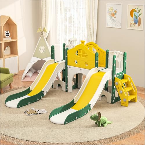Tobogán infantil 7 en 1, tobogán infantil con estructura de escalada, telescopio y túnel, parque infantil para exteriores, para bebés, parque infantil interior, para jardín (amarillo, doble tobogán)