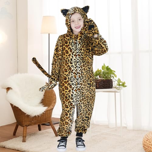 Wizland Kids Cheetah Onesie Costume,Boys and Girls Animal Outfits,One-Piece Hooded Flannel Leopard Fancy Dress 3-4 years - Image 4
