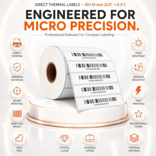 Image of Direct Thermal Labels (Pack of 10, 50mm x 12mm - 500Labels /Roll) - Non Tearable, Scratch Free, Water Proof & Non Fade Stickers with Permanent Marking