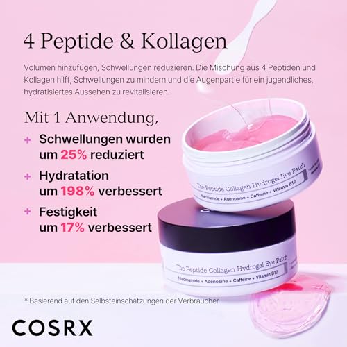 COSRX Pink Peptide Collagen Hydrogel Augenpads mit Koffein gegen Augenringe, vermindert das Volumen von Tränensäcken und Schwellungen, Anti-Falten Eye Patches, Korean Skincare, 60 Stück