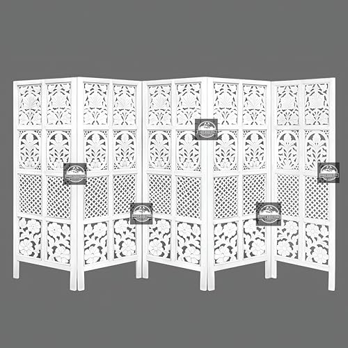 Image of Wooden Room Divider Screen, Carved,Decorative Handcrafted Privacy Screen Separator Wall Divider | Folding Partition with Floral & Jaali Design (White, 5ft-5 Panel White)