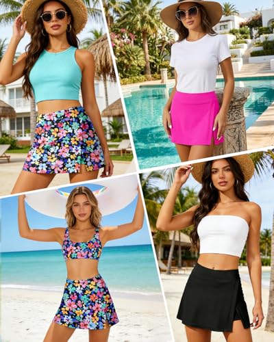 Image of Women Swim Skirt Tummy Control Swimsuit Skirt with Built-in Shorts High Waisted Split Swim Bottom (Available in Plus)