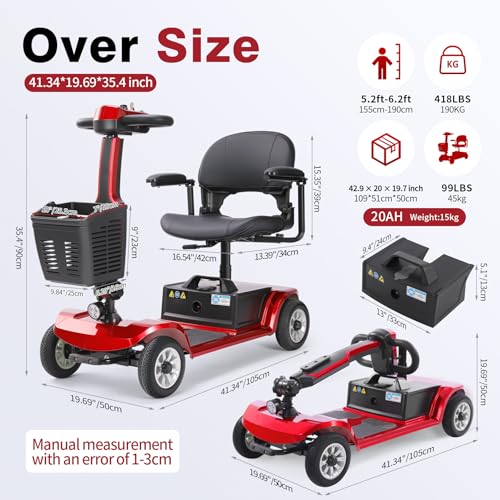 Image of 22-Mile Electric Mobility Scooter for Seniors - Easy to Operate | Foldable with Dual Removable Batteries, 420 lbs Heavy-Duty Capacity & 4-Wheel Stability, Lightweight Design