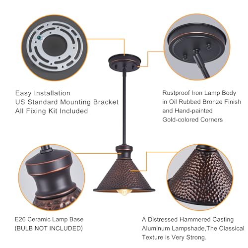 Max 58”Ht Adjustable Tube Mini Pendant,Vintage Hammered Pattern Cast Aluminum Shade,1-E26 Classic Lamp,Oil Rubbed Bronze Farmhouse Hanging Light for Kitchen Island,Entryway,Dining Room. - Image 6