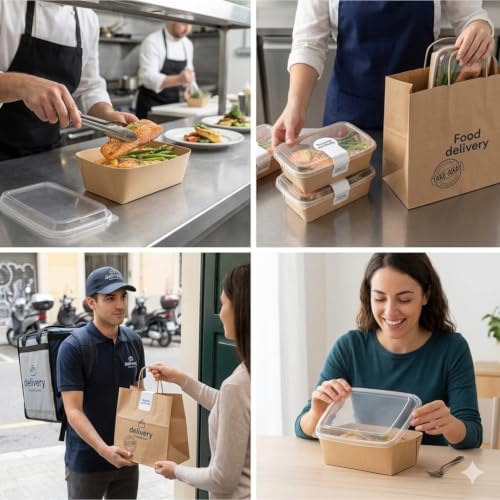Image of 25 PACK 1000 ml Paper Disposable Containers For Food with Lids | Rectangular Meal Prep Containers & Take Out Box | Leak-Proof Food Storage Containers, Food Packing Box For Kitchen