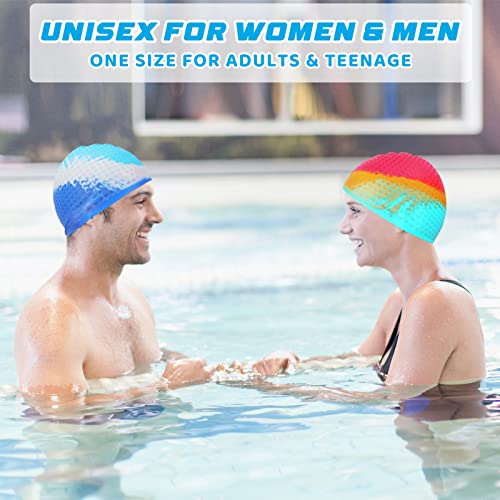 Colorlife Swim Cap 2 Pack Unisex Silicone Swimming Cap, Durable Flexible Waterproof Swimming Hats For Men Women Adults Kids, Bathing Swimming Caps For Long/Short Hair-Dazzle Blue+Rainbow #TOP6
