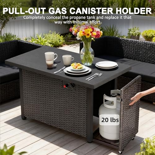Kecreque 42\" Propane Fire Pit Rattan Table 50,000 Btu Gas Fire Pits for Outside Patio w/Lid & Explosion-Proof Blue Glass Stone for Firepit Table forBackyard Evening Gatherings on Deck Gardens - Thumbnail 5