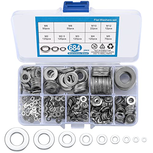 wugongshan 684 Pcs Stainless Steel Flat Washers, 9 Sizes Metal Washers Hardware Assortment Set