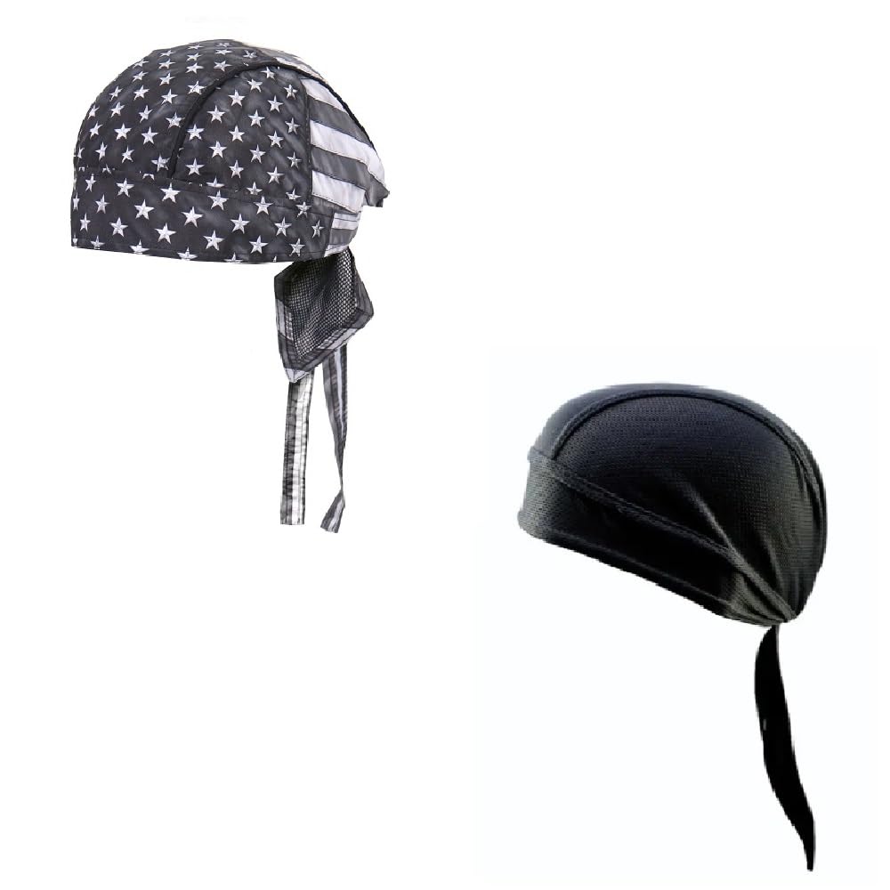 Generic Lot or Set of 2 Distressed Faded Patrotic Grey American Flag and Solid Black Moisture Wicking Headwrap