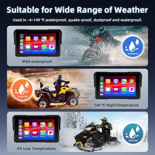 Motorrad Carplay Bildschirm mit Navigation, Motorsi Tragbarer 5 Zoll Wasserdichter Touchscreen mit Kabelloses CarPlay und Android Auto Motorrad, Bluetooth, EQ, Kalibrierung Berühren