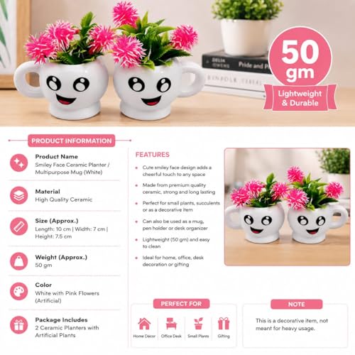 Image of Cute Smiley Face Ceramic Planter Set of 2 with Artificial Flowers | Mini Decorative Flower Pots for Home Decor, Office Desk, Study Table & Gifting | Multipurpose Ceramic Planter Cups
