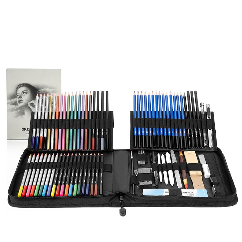 Essenza 83-Piece Sketching Kit - Professional Drawing Tool Kit with Graphite Sketch Pencils, Charcoal Pencils, Oil-based, Water-soluble, Metallic colour pencils, Pastel pencils, Tap Pen and Eraser Pen