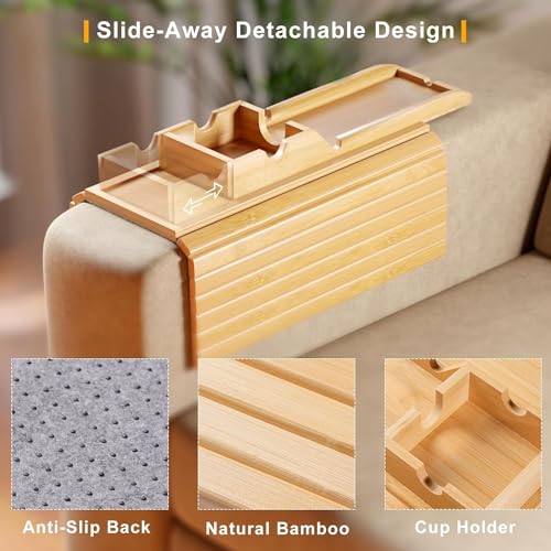 Image of Trendy Trays Bamboo Sofa Armrest Tray - 2 in 1 Couch Arm Tray with Detachable Couch Cup Holder - Anti-Slip Foldable Sofa Rectangular Table Tray - Holder for Drinks Cup Cellphone Remote Snacks, Beige